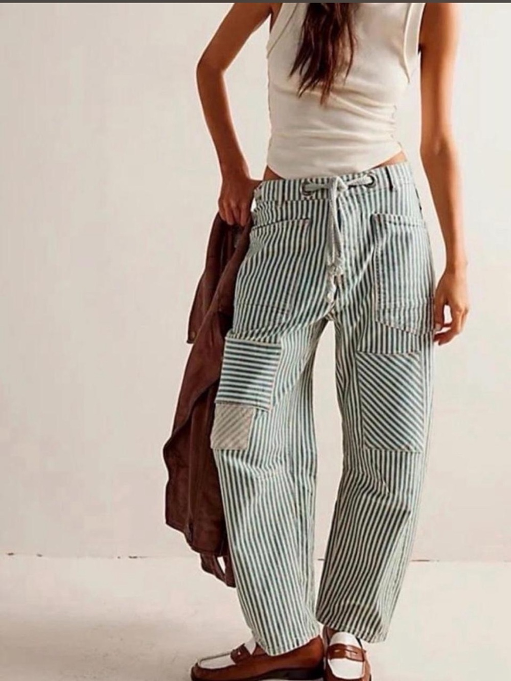Free People We The Free Moxie Railroad Low-Slung Barrel Jeans Green Stripe